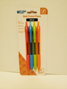 A pack of four pens that have a black ink supply that is built to last. Writing is easy with a comfortable grip and retractable tip.