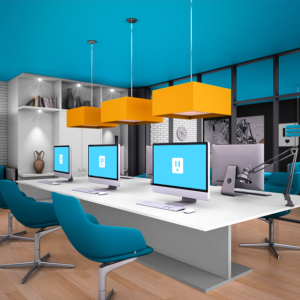 Computer Lounge area with work spaces and couches.